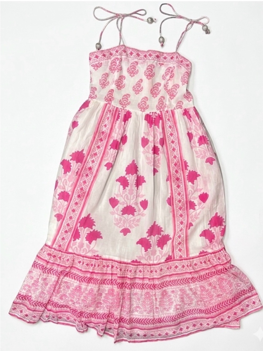 Oliphant Pink and White Floral Print Sundress with Tie Straps. in good condition